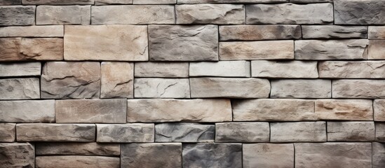 A textured pattern background of an engraved stone brick wall with ample copy space image