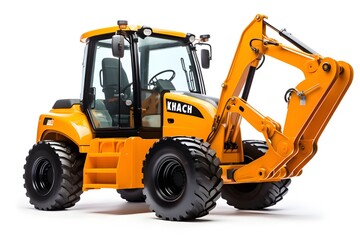A yellow bobcat with the word excavator on the front