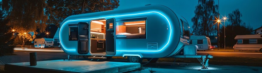 Obraz premium Futuristic trailer with blue neon lights parked on the street at night. The caravan has an open door and is illuminated from within, creating an atmosphere of calmness. A window displays various home