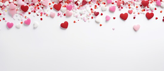 A top view copy space image of a white background decorated with sweet sugar hearts sprinkles serving as a Valentine s sweets background on a white banner layout