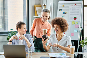A group of hardworking, diverse businesswomen sitting around a table, collaborating in an office setting.