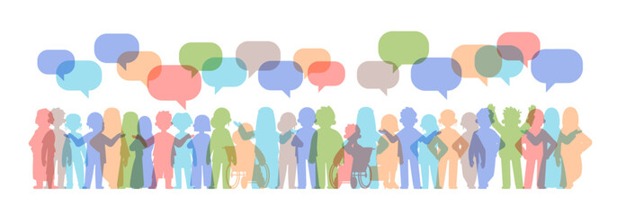 Color overlay silhouettes of diversity people with dialogue chats. Vector community simple illustration