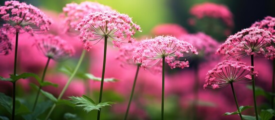 In the garden a blooming pink hogweed creates a picturesque scene with its vibrant colors and delicate petals suitable for a copy space image