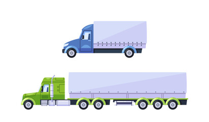Vector Cargo Trucks, One Blue Mid-sized And One Green Large Truck With A Trailer, For Content Related To Logistics