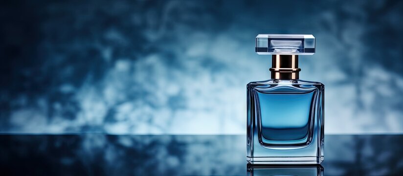 Product photography of a blue perfume bottle and its bottle cover showcasing the elegance of the eau de toilette with ample empty space for text or logos