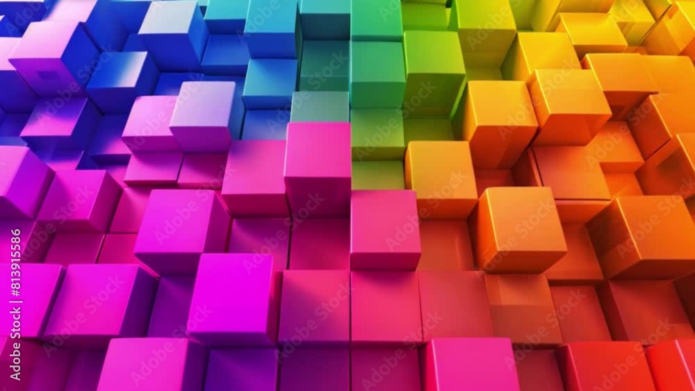 Poster a vivid gradient of colorful three-dimensional blocks arranged in a pattern.