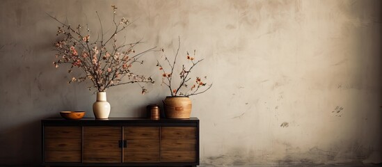 In the room there is a vase containing dry reeds placed on a chest of drawers Additionally there is a blank frame nearby providing a nice copy space image