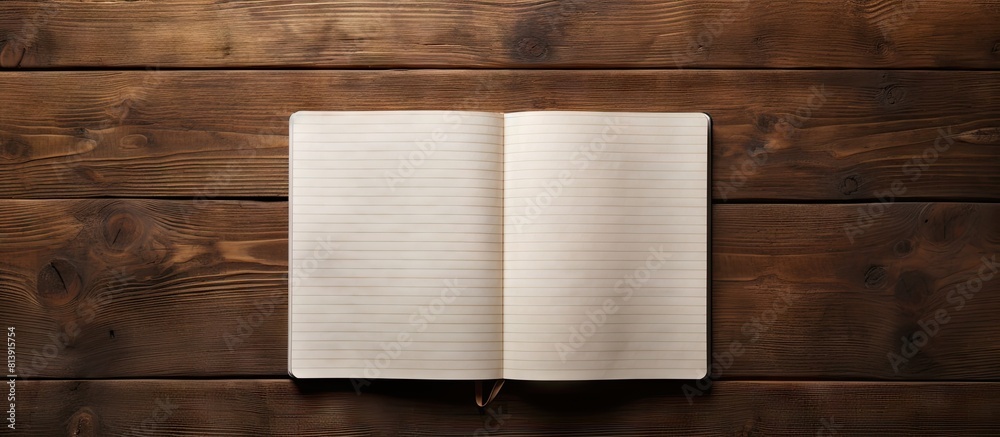 Poster there is a vintage inspired image of an open notebook with ample empty space on a wooden table