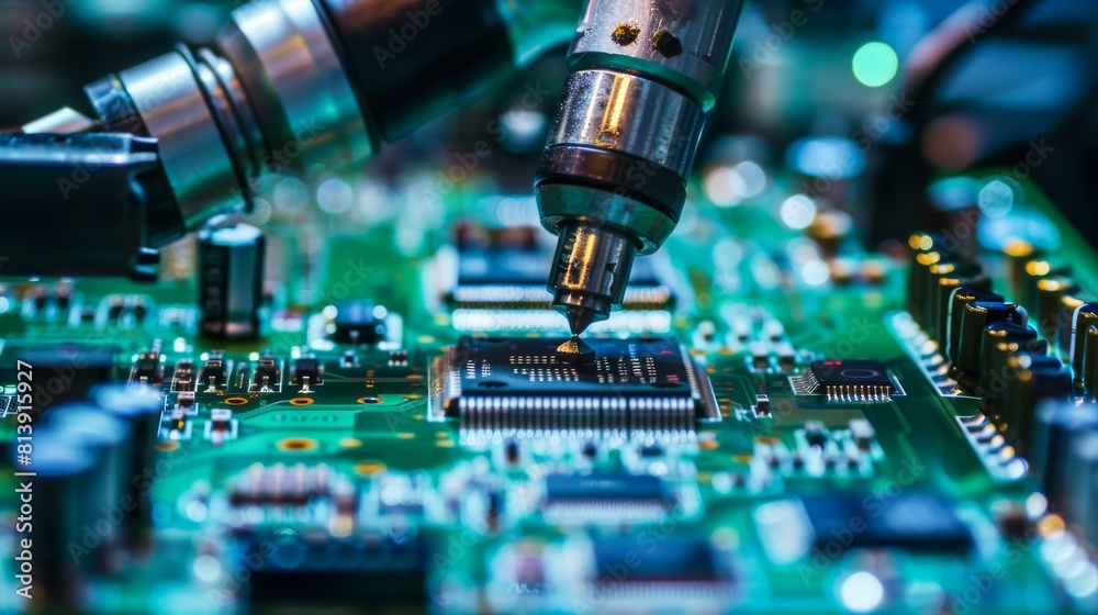 Poster macro close-up of an automated robotic arm assembly circuit board using surface mount technology to 