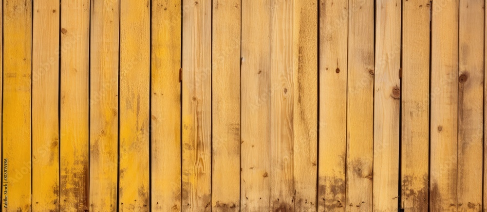 Sticker A vintage wooden fence painted in a beige color creates a beautiful pattern of old planks The close up view showcases the yellow textured paint This brown village fence stands against a cracked wall