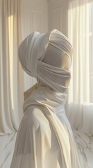White statue of a woman wearing a white scarf. Vertical background 