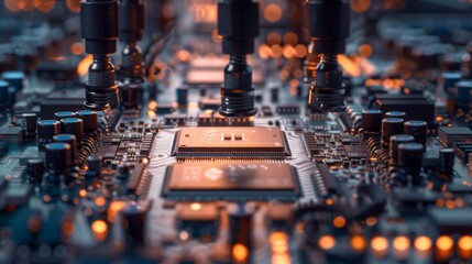 Macro close-up of factory machinery assembling printed circuit boards with automated robotic arms, surface-mounted technology connecting microchips to the motherboard. - Powered by Adobe