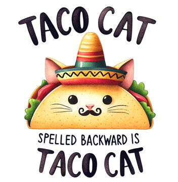 Whimsical "Taco Cat Spelled Backward is Taco Cat" Illustration with Sombrero Cinco de mayo
