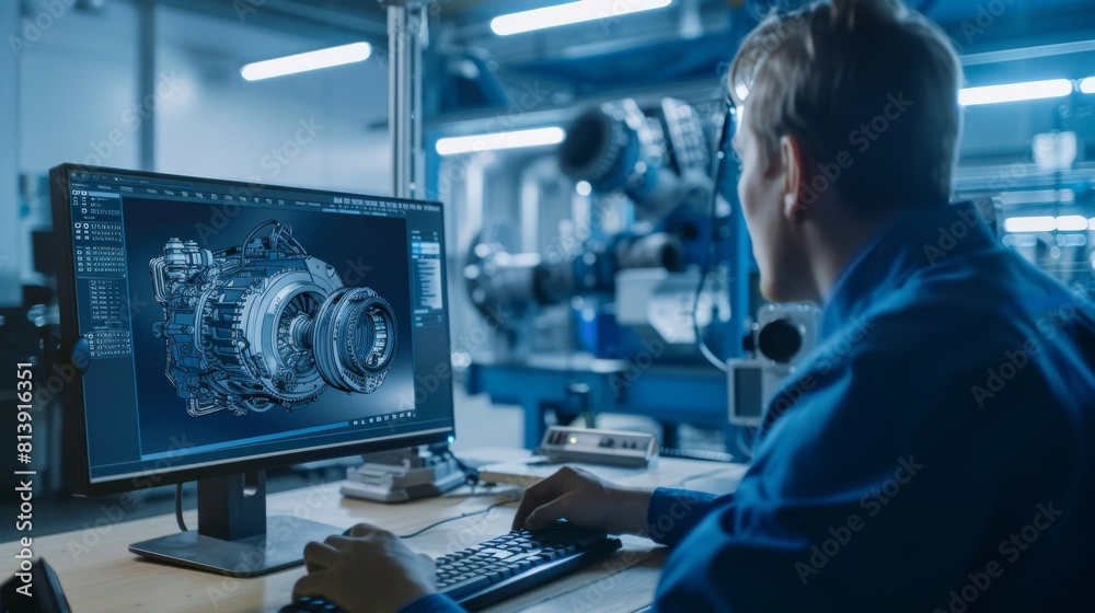 Poster an engineer designs a 3d engine model on a personal computer while working at a factory.