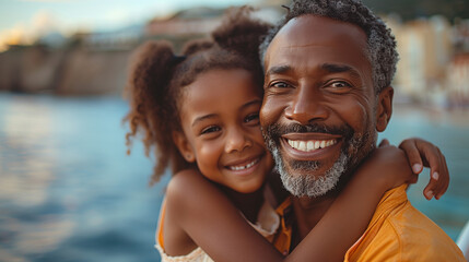 Smiling girl with dad on vacation, close-up shot
