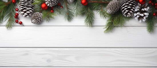 Top view of a white wooden background adorned with fir tree branches decorations and a Christmas frame Plenty of copy space for creativity