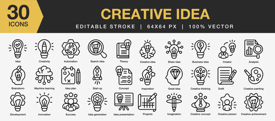 Set of 30 Creative idea icon set. Editable Stroke Icon Collection. Includes idea, creativity, creator, analysis, concept and More. Outline icons vector collection.
