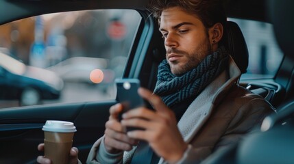 Young Stylish Man Sitting on a Passenger Seat in a Car. He uses his smartphone, types messages, browses the Internet, and drinks coffee. Camera Shot from the Outside of the Vehicle.