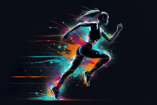 A woman runner abstract color splash on a black background