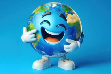 Earth character laughting on blue background