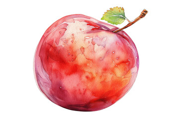 A watercolor painting of a red apple with a green stem and leaf. The apple is round and has a smooth, shiny surface. It is slightly shaded on the left side. water PNG transparent background 
