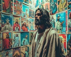 Naklejka premium A man with long brown hair and a beard, wearing a white robe, standing in front of a wall of colorful religious icons.