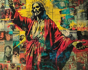 A painting of Jesus made with a collage of photos of famous people.