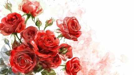 A beautiful bouquet of red roses arranged in a watercolor corner composition