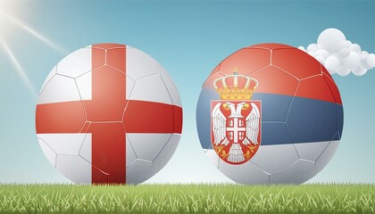 two football balls adorned in the colors of the England and Serbia flags, symbolizing an exciting clash between footballing nations