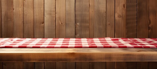 A wooden table adorned with a checkered tablecloth providing ample space for any copy space image - Powered by Adobe