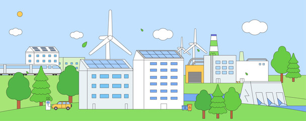 ESG, green energy, sustainable industry or ecological production integration concept banner. Environmental, Social, Corporate Governance vector illustration. Horizontal eco city scene background.