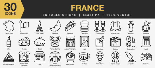 Set of 30 France icon set. Editable Stroke Icon Collection. Includes france map, french flag, perfume, eifel tower, louvre museum and More. Outline icons vector collection.