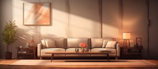 There is a cozy sofa situated in the living room with enough space to accommodate people and a table next to it providing a great environment for relaxation. Copy space image