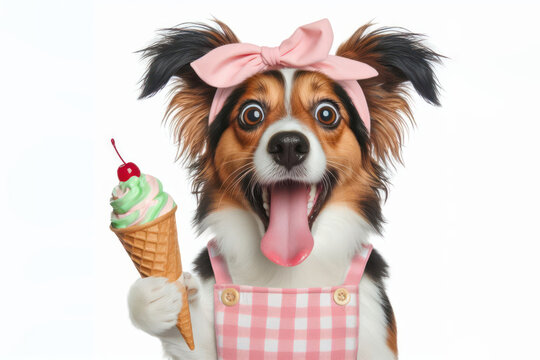 surprised Happy dog eating ice cream cone on a color background