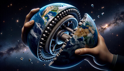 Surreal Earth with mechanical parts held by a human hand. - Powered by Adobe