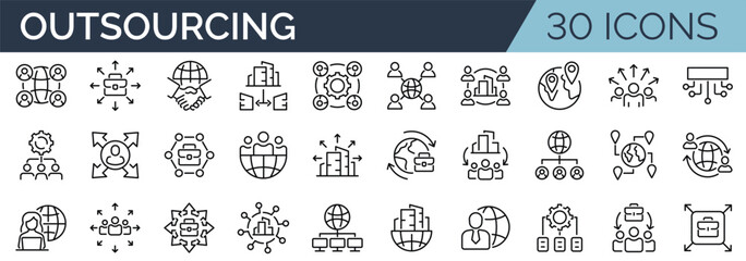 Set of 30 outline icons related to outsourcing. Linear icon collection. Editable stroke. Vector illustration