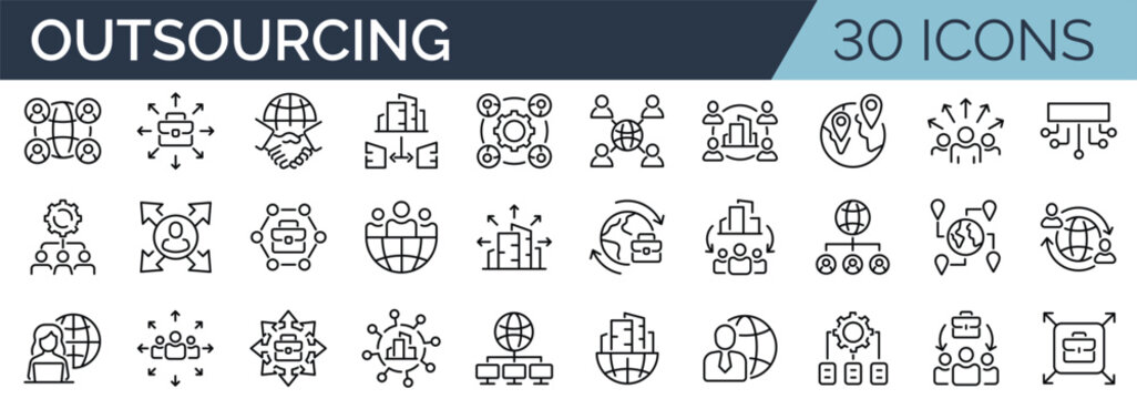 Set of 30 outline icons related to outsourcing. Linear icon collection. Editable stroke. Vector illustration