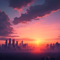 都市に朝日が昇る朝焼け空
