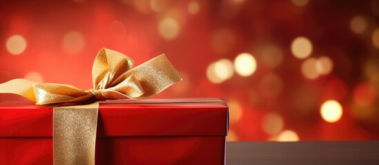 A vibrant red ribbon beautifully adorns the top of a gift box which is set against a luxurious golden background creating an enchanting copy space image - Powered by Adobe