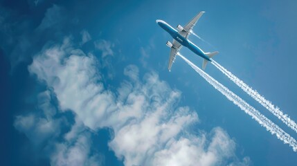 A blue and white airplane is flying through the sky