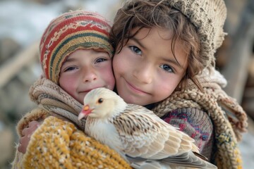 Winter scene with two children embracing warmly in knitwear, holding a white pigeon, showcasing friendship and care, international childrens day