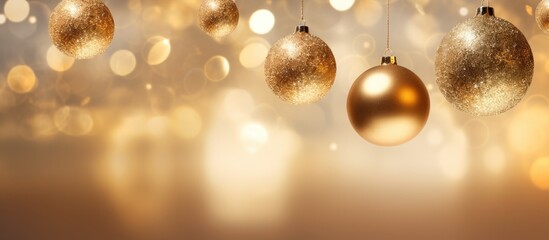 Fototapeta premium A golden bokeh background with copy space is adorned with hanging golden Christmas ball decorations