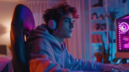 Video Game Streamer is Playing Online Video Game on His Personal Computer. Colorful Warm Neon LED Lights Illuminate Room. Male wears Earphones with a Microphone. At Home on a Cozy Evening.