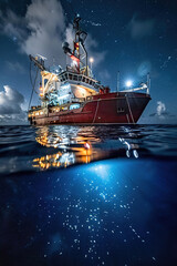 Underwater exploration vessel surveys ocean floor for rare minerals amidst deep-sea.