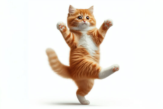 ginger cat standing on hind legs dancing Isolated on white background