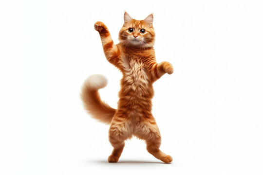 ginger cat standing on hind legs dancing Isolated on white background