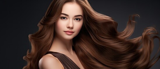 A stylish salon offering haircare services to meet your needs See a lovely young lady with beautiful long brown hair She has a youthful face and is posing in a horizontal poster as a teenage girl Thi