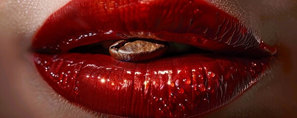Close-up of glossy red lips with a coffee bean, symbolizing sensuality and flavor