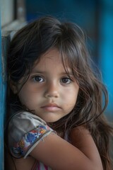 Portrait of a young girl peeking out from behind a blue wall, her expressive eyes and windswept hair capturing the innocence of childhood, international childrens day
