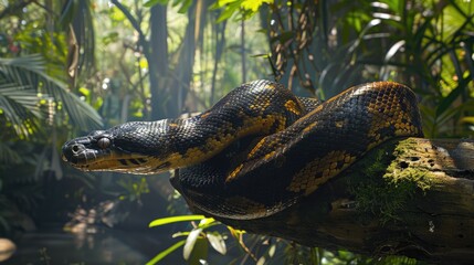 A majestic anaconda basking in the sun on a tree branch in the lush Amazon rainforest